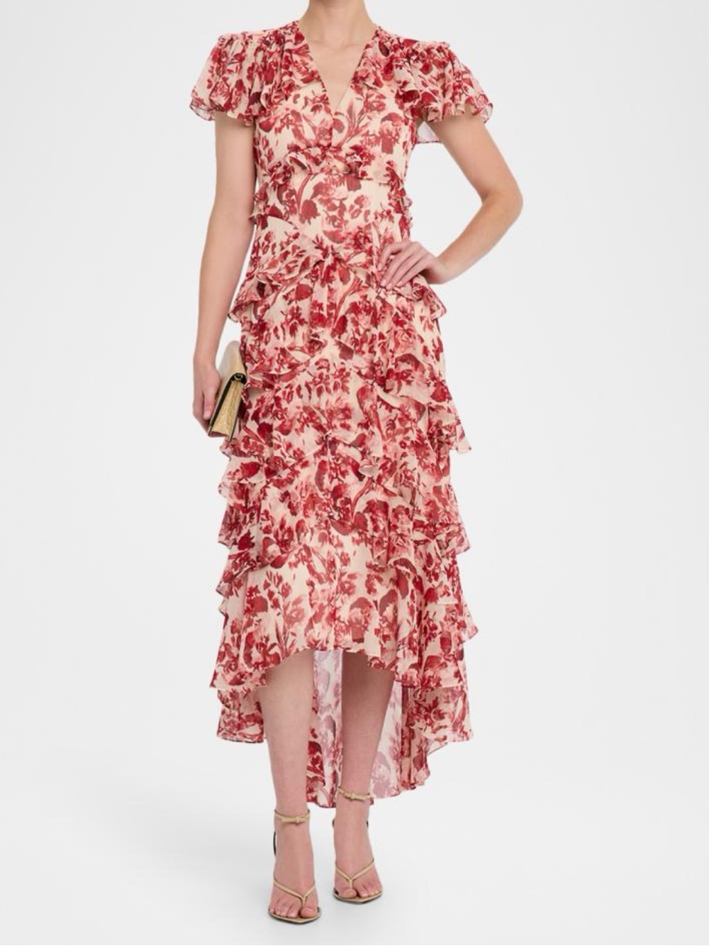 🌹NWT CINQ A SEPT “TATUM” FLORAL PRINT MAXI DRESS W/ CASCADING RUFFLES SIZE 6